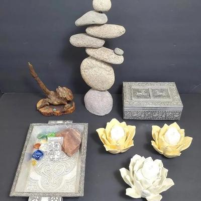 Boho Zen Decor: Stacked Stone Sculpture, Lotus Candle Holders, More