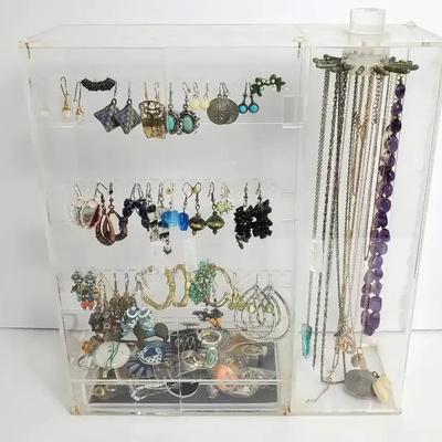 Boho Chic Jewelry Collection in Acrylic Display - Earrings, Necklaces, Rings, Brooches, Pendants 