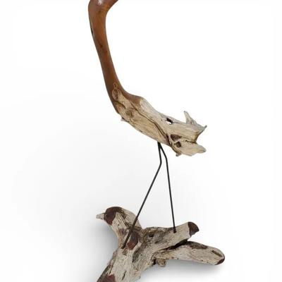 Large Hand-Carved Driftwood Heron Sculpture 16x37x14"