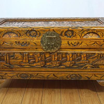 Vintage Carved Wood Asian Chest With Brass Lock- 27x13x14"