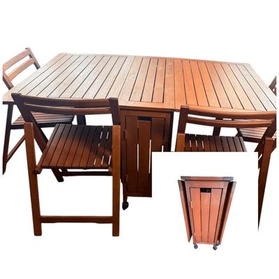 Compact Wood Folding Drop Leaf Table With Stowable Folding Chairs (4) 