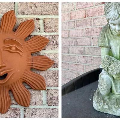 Concrete Garden Statue 16" & Clay Sun Wall Plaque 18" Diameter
