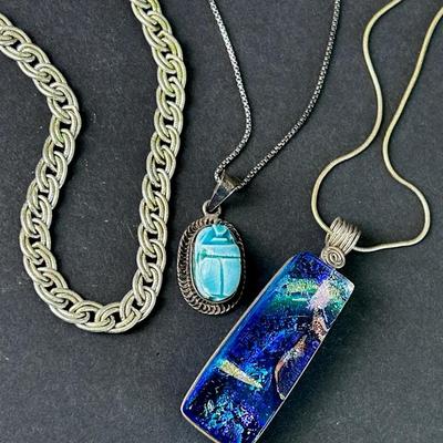 Sterling Silver Curb Link, Scarab & Fused Glass Necklaces (3) - 18”-20”