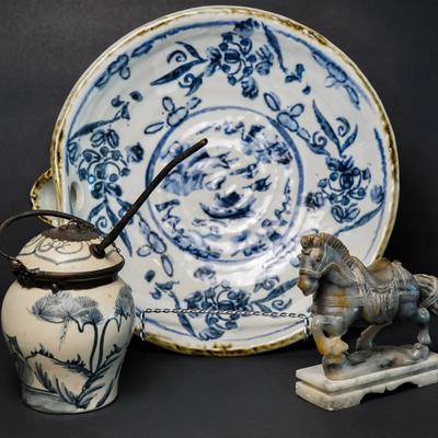 Asian Bowl With Spout 12”, Carved Jade Horse & Opium Pipe