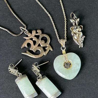Sterling Silver Jadeite & Asian Symbol Pendants, Earrings & Chains