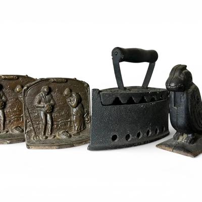 Antique “The Angelus” Bookends, Cast Iron Sad Iron & Parrot Nutcracker