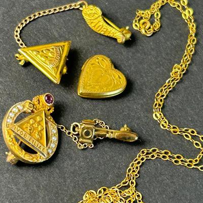 10k Gold Masonic Job's Daughters Pins - One with Amethyst & Seed Pearls; Broken Locket & Chain 