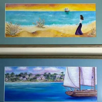 Original Signed Acrylic Seascape Artworks, Framed, 14×29" Each