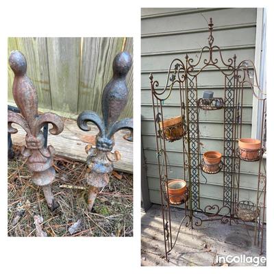 Wrought Iron Trellis, Plant Holder, Spanish Revival Plant Hanger, Fleur-de-lis Garden Statues
