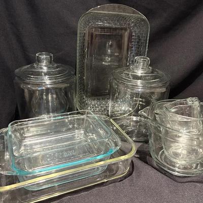 Assortment Of Anchor & Pyrex Clear Dishes, Measuring Cups & Lidded Jars