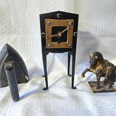 Cast Iron Collectibles: Vintage Arts & Crafts Clock, Horse Figure & Iron