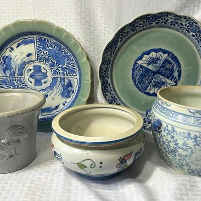 Lot of Asian Blue & White Ceramics: Jar, Planters & More