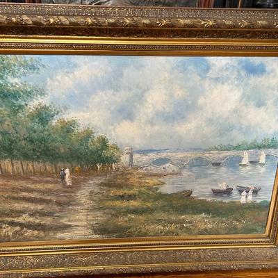 Oil On Canvas Landscape With Gilded Wood Frame 