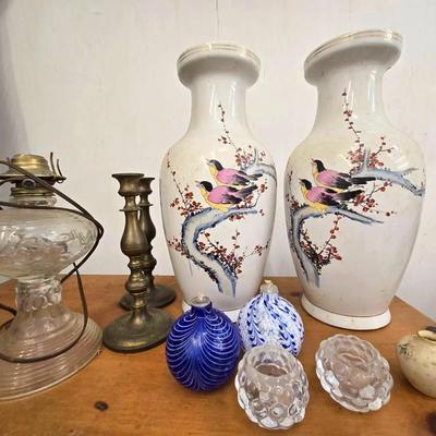 Vintage Asian Vases Pair, Brass Candle Holders +