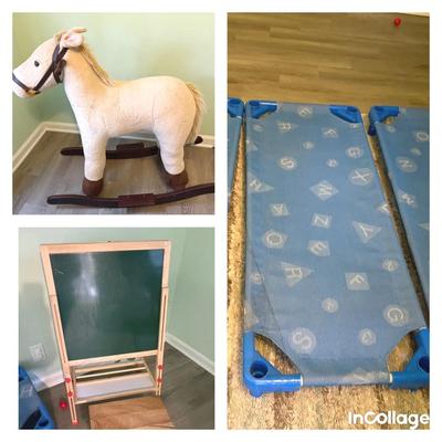 Toddler Stackable Nap Cots, Art Easel, Stool, Plush Rocking Horse  