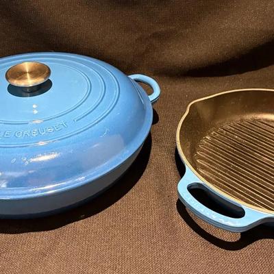 Two Le Creuset Enameled Cast Iron Deep Round Grill Pans-Caribbean Blue
