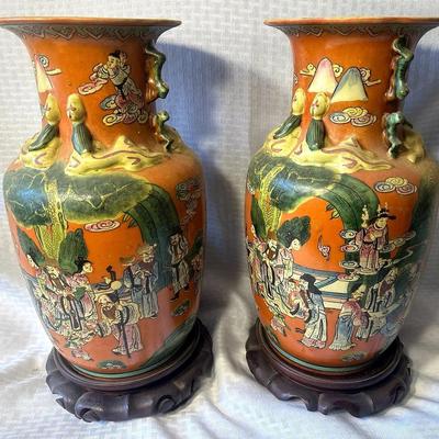 Pair of Famille Rose Orange Asian Vases
