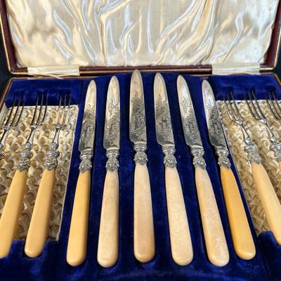 Antique Set Of Silver-Plated Fish Knives & Forks 