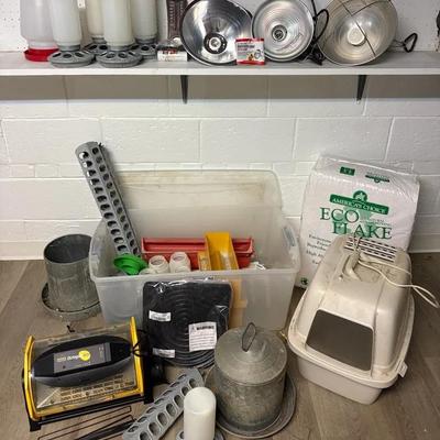 Assortment Of Poultry Feeders, Incubator, Lamps & More