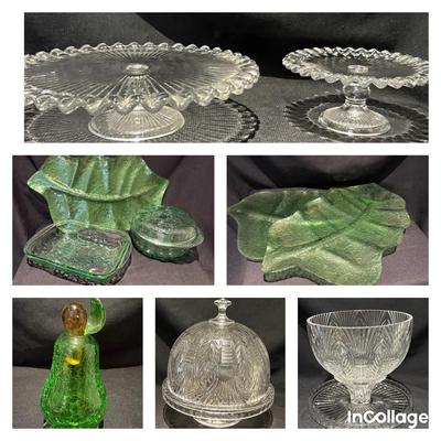 Glass Cake Plates, Libby Green Fruit Serving Dishes, Murano Pear