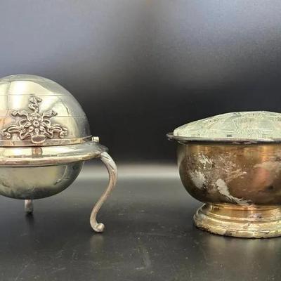 Silver Plated Rose Bowl & Silver On Copper Caviar Dish w/ Glass Inserts