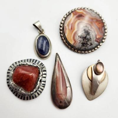 Lot of 4 Pendants & 1 Brooch – Sterling, Silver Tone & Gemstones