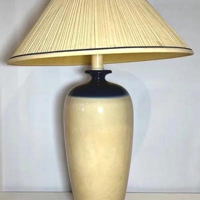 Pair of Mid-Century Glazed Ceramic Table Lamps – Cream & Navy, Approx. 30” Tall