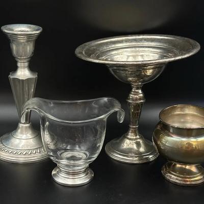 STERLING SILVER Weighted Lot – Compote, Candlestick, Bowl & Slumped Glass Serving Bow