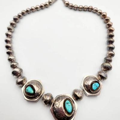 Native American Sterling Silver & Turquoise Geometric Necklace – Heavy & Statement Piece