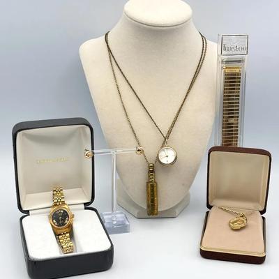 Gold Tone Jewelry Lot - 14K GF Necklace, Stud Earrings & Unscrewable Pendant