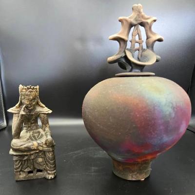 Raku Pottery Urn & Carved Dignitary Figure – Collectible Art & Sculpture