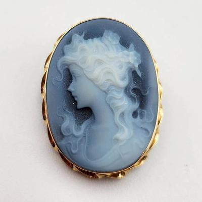 Van Dell 14kt Gold Cameo Brooch Pendant – Azure Blue, Convertible Design
