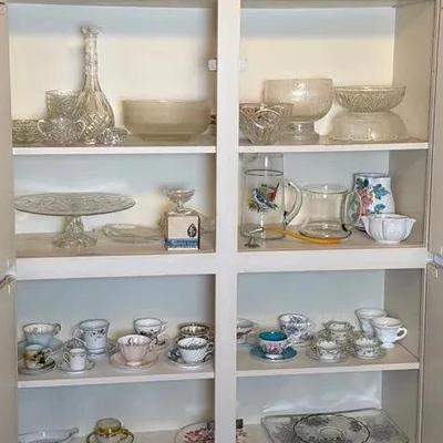 Dining Cabinet Estate Lot – Crystal, Vintage Teacups & Serving Pieces (60+ pcs)