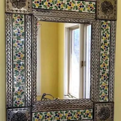Mexican Talavera Tin & Tile Wall Mirror – Hand-Painted Floral Design, Approx. 21” x 25”