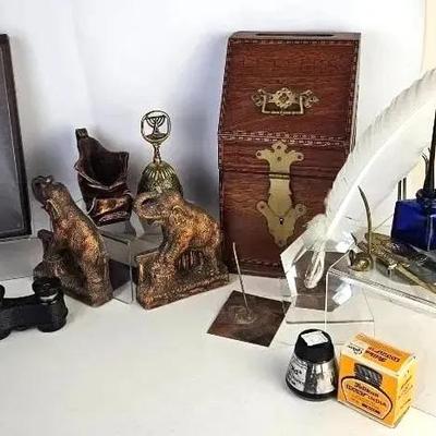 Desk Accessories Lot – Letter Box, Quill & Inkwell, Binoculars & Statuettes