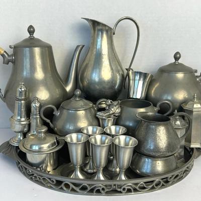 Vintage Pewter Tea & Coffee Service Lot with Trays & Cordials