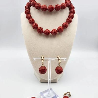 Carved “Cinnabar-Look” Beaded Necklace & Earrings Set