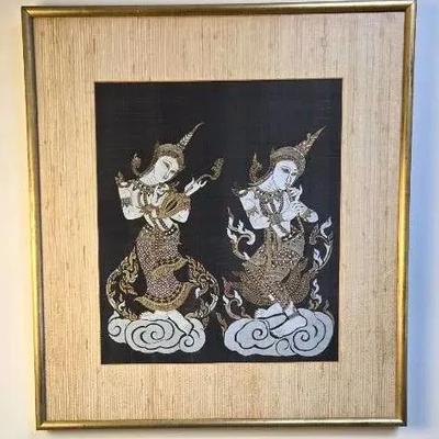 Framed Thai Silk Painting – Dancing Kinnara Figures, Vintage
