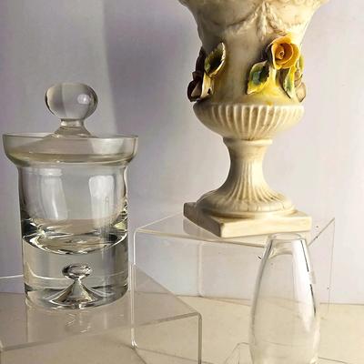 Antique Porcelain Urn Base, Clear Glass Apothecary Jar & Teardrop Art Glass Bud Vase