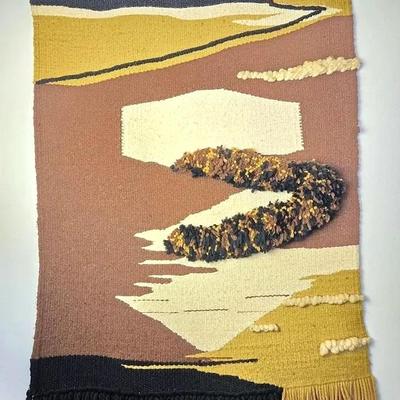 Mid-Century Modern Woven Tapestry Wall Hanging – Abstract Landscape, Warm Earth Tones