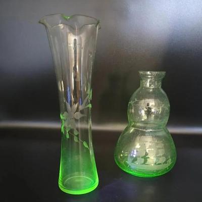 Etched Green Uranium Glass Vases – Set of 2