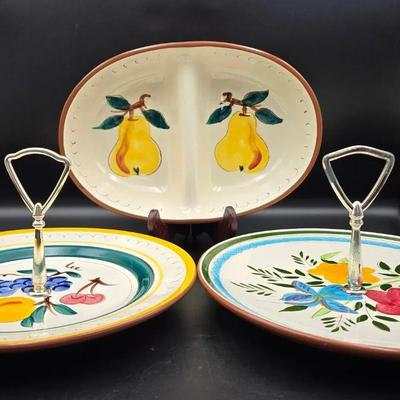 Stangl Hand-Painted “Fruit” Pattern Pottery – Divided Dish & 2 Tidbit Trays