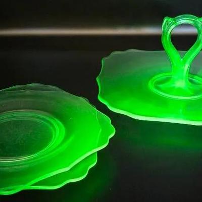 Uranium Glass Set - Handled Tidbit Tray & 2 Dessert Plates