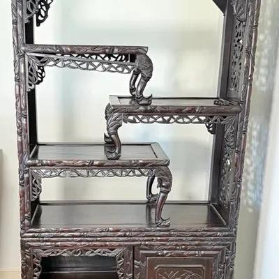 Carved Asian-Style Hardwood Display Cabinet / Bookshelf
