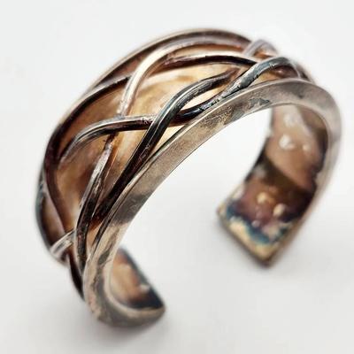 Sterling Silver Cuff Bracelet – Huge, Heavy with Braided Detail, Signed “A”