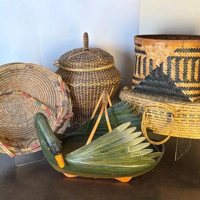 5-Piece Handwoven Basket Collection with Decorative Duck