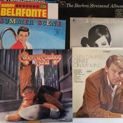 Assortment of Vintage Records with Mid-Century Modern Brass Record Rack