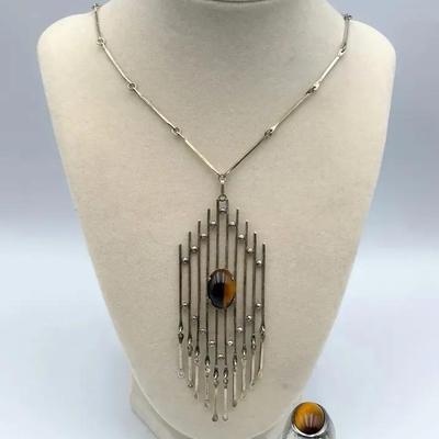 Sterling Silver Tigers Eye Jewelry: Israel Necklace & Taxco 925 Ring