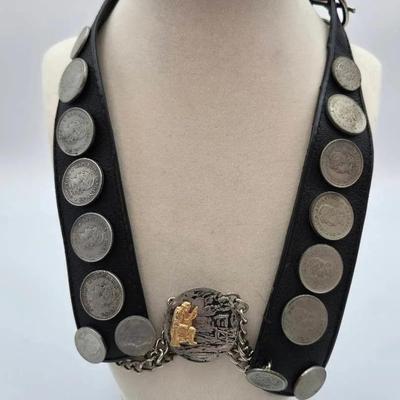 Argentine Coin Leather Collar Necklace — Jose de San Martin Style