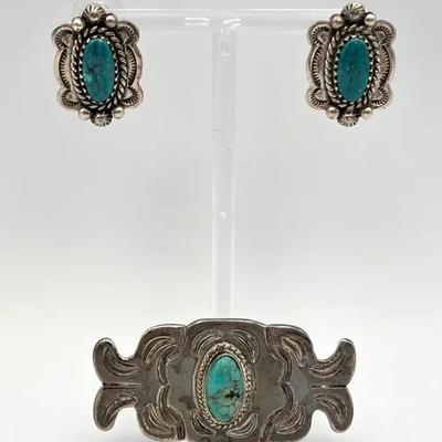 Sterling Silver Turquoise Jewelry Lot - Taxco 980 Brooch & J.R. Silversmiths 925 Earrings